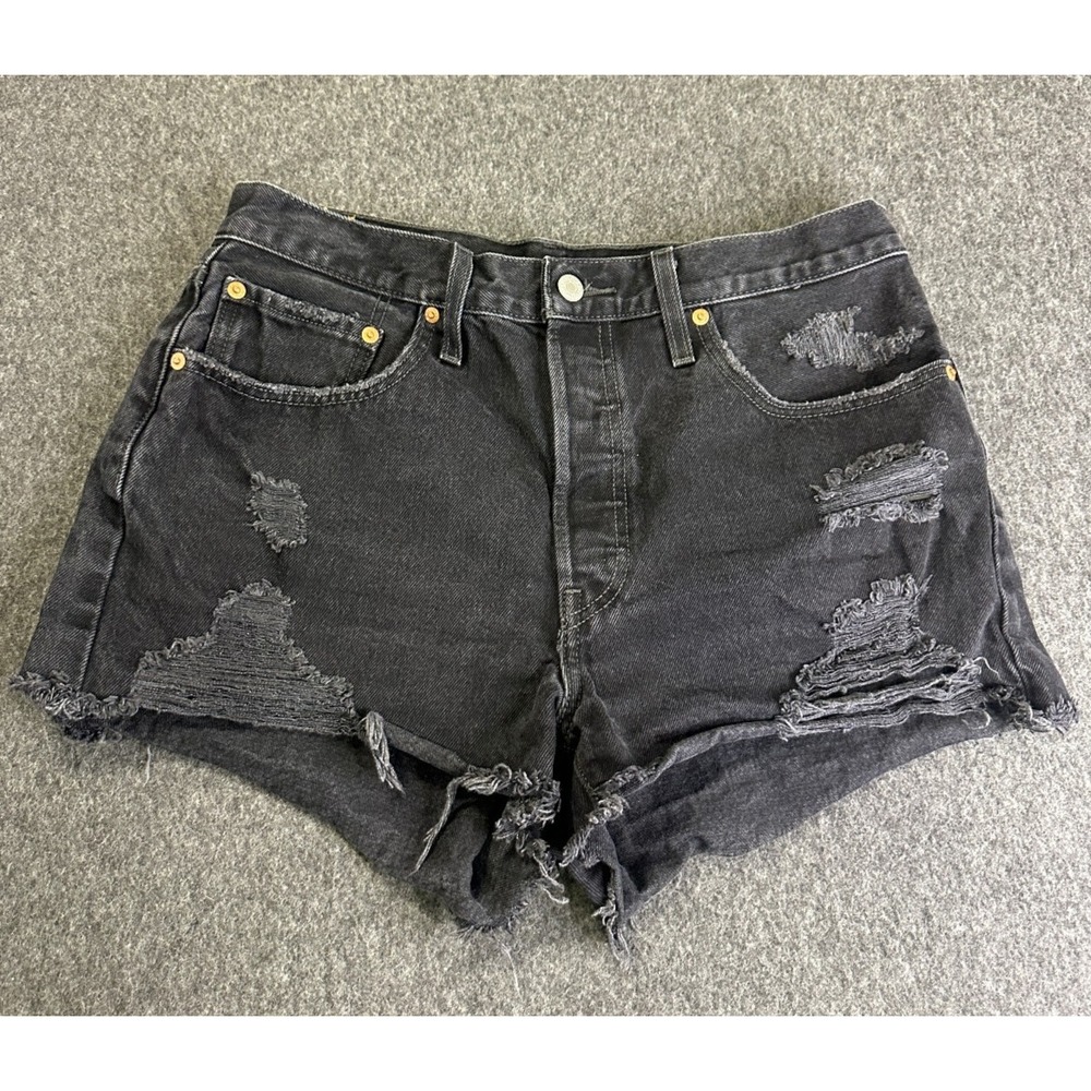 Levi's 501 Jean Shorts Womens 31 Black Cut Off Distressed Button Fly Revolve - Picture 2 of 16